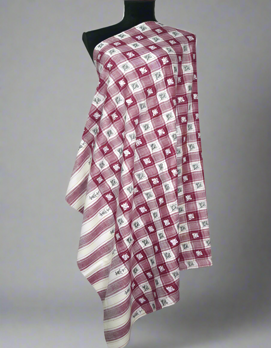 white and dark red checked butis embroidery GI pashmina shawl 9186