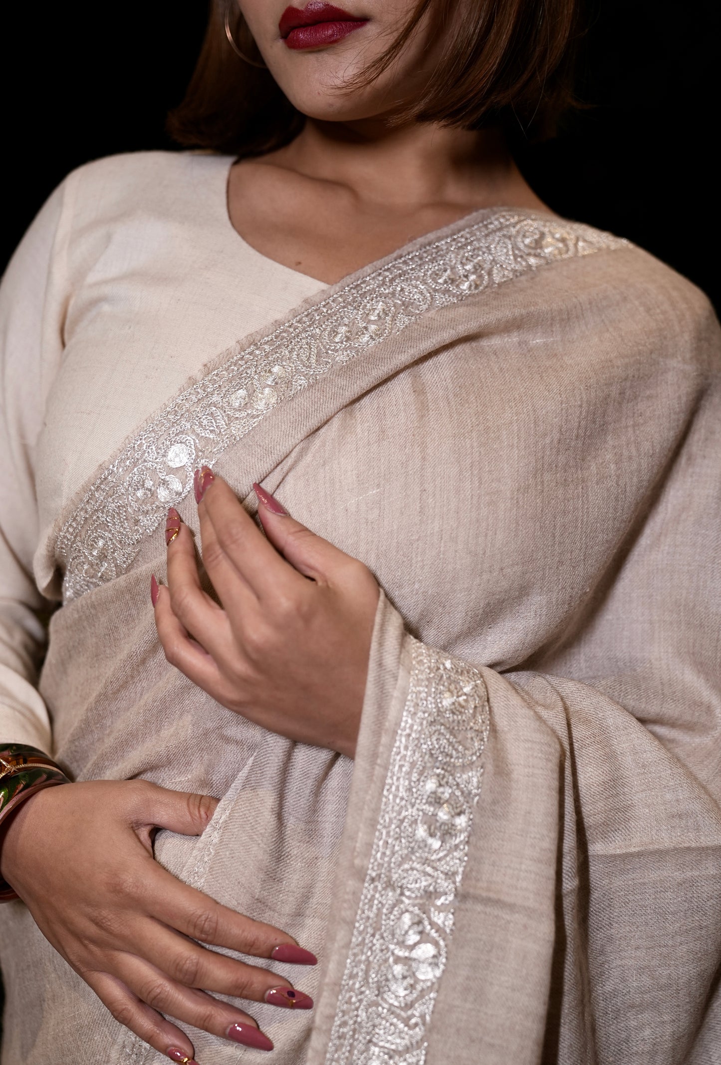 natural shade hand tilla embroidery pashmina saree