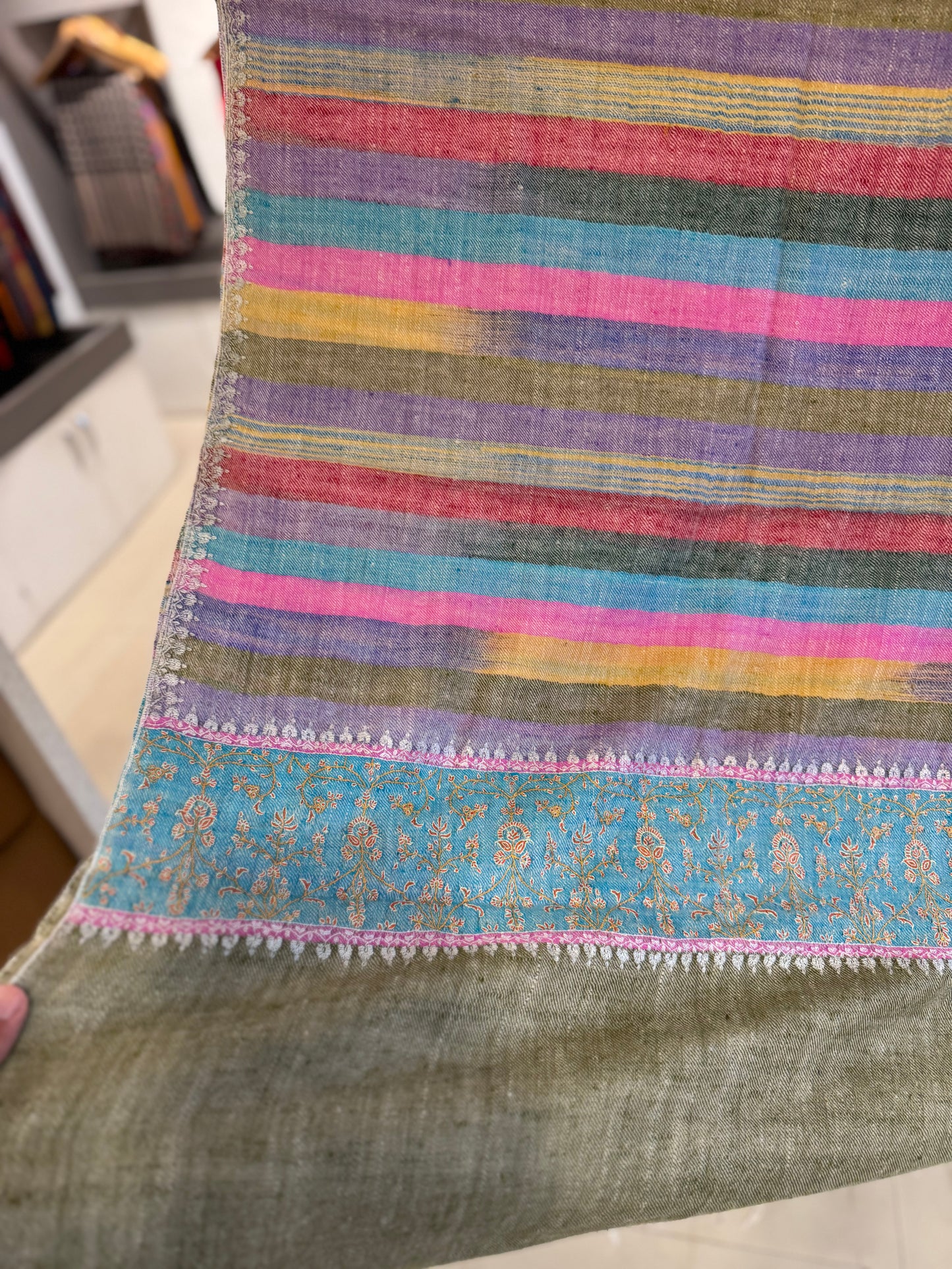 Multicoloured pashmina with border embroidery sozni work