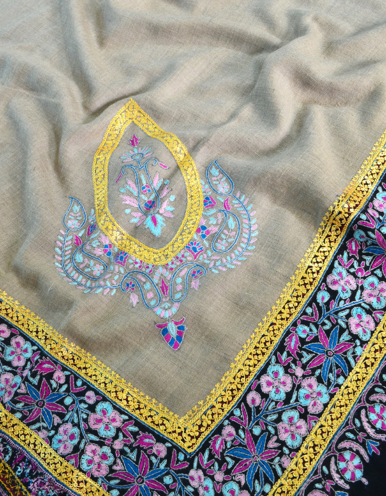 Natural & Black Pashmina Shawl With Sozni & Tilla 5478