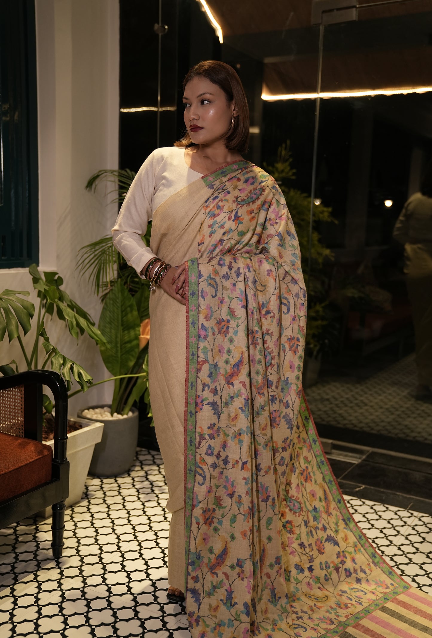 flax yellow handmade kani woven pashmina saree