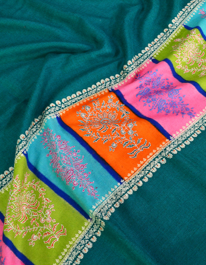Pine Green Cashmere Pashmina Shawl With Multicoloured Border & Sozni Work 6464