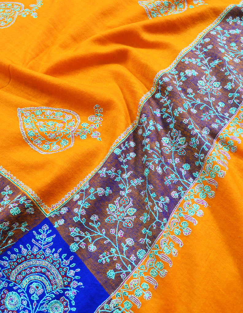Orange, Blue & Purple Pashmina Shawl With Sozni 6724