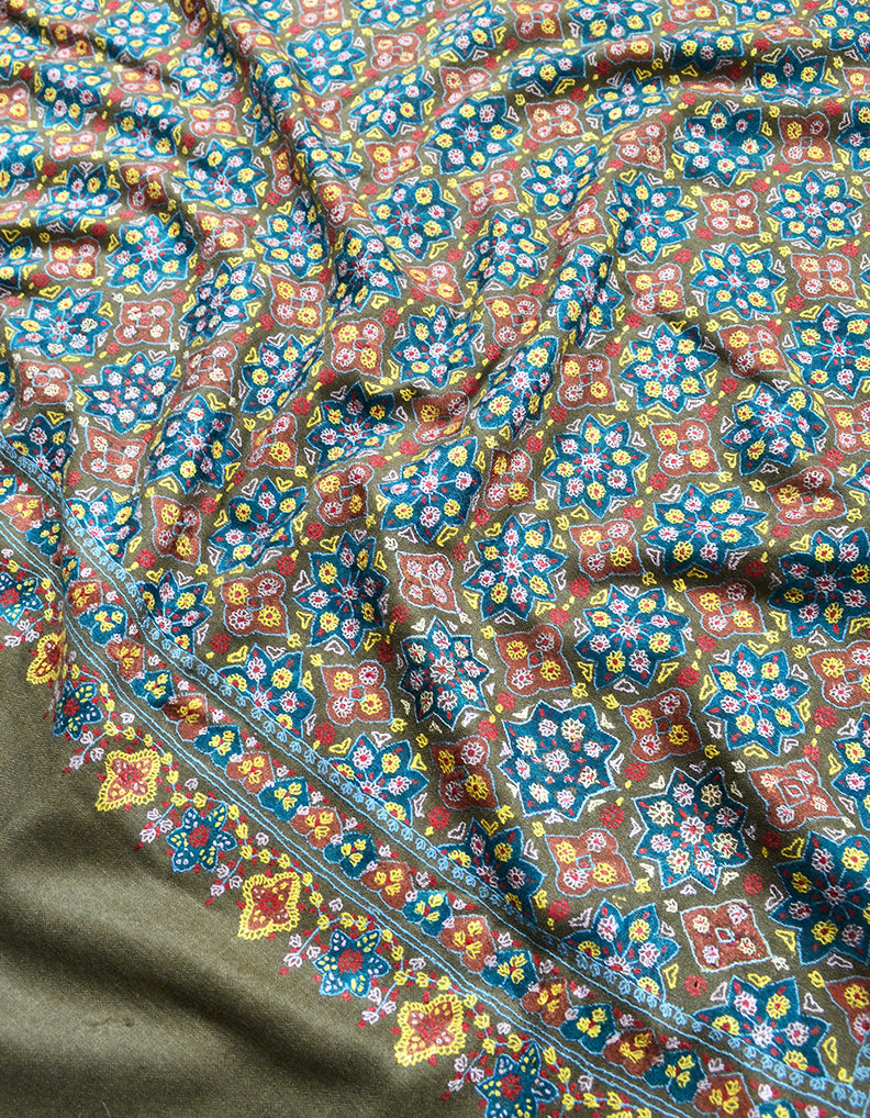 Olive Golden Pashmina Shawl With Sozni Embroidery 6923