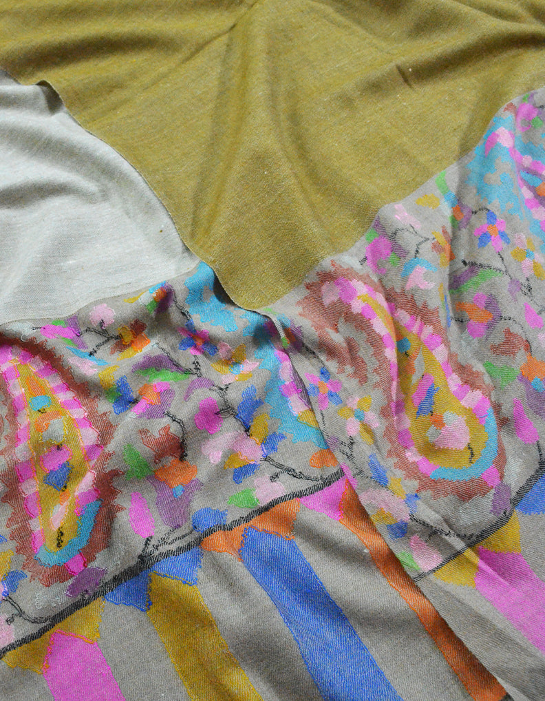 Sea yellow & silver Reversible XL Kani palla Shawl 7014