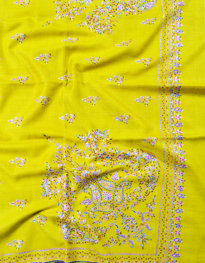 mustard embroidery GI pashmina shawl 7875
