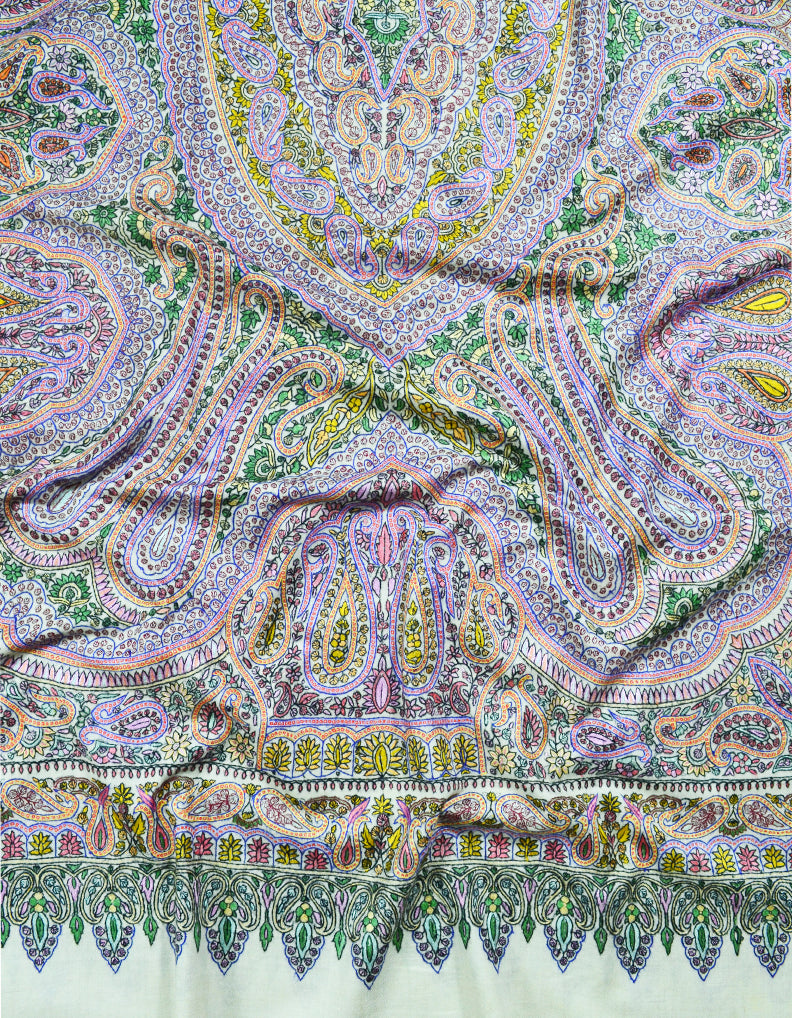 Cream white jamma embroidery pashmina shawl 8307