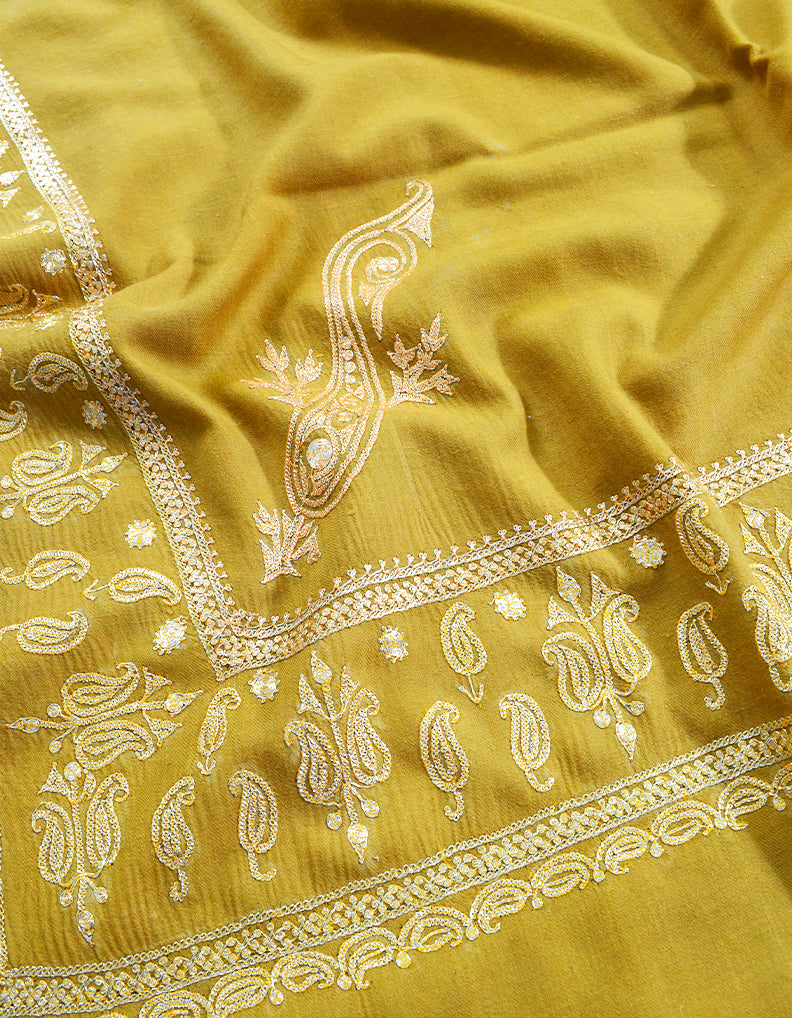 mustard tilla embroidery pashmina shawl 8399