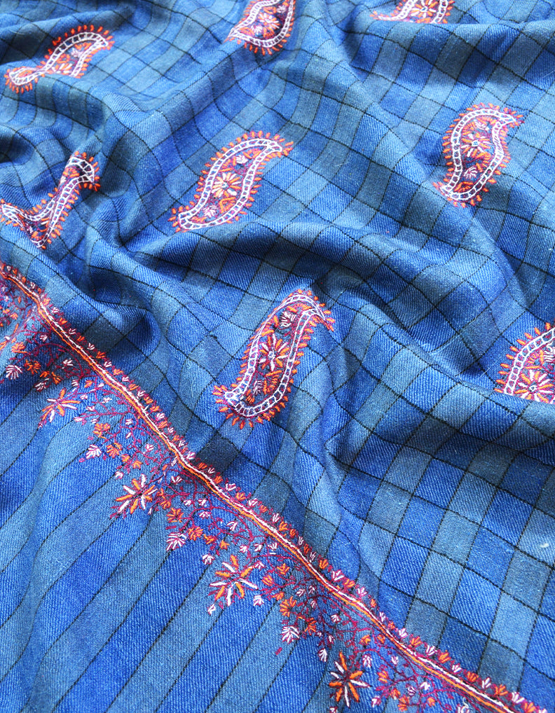 blue check booti embroidery pashmina shawl 8552