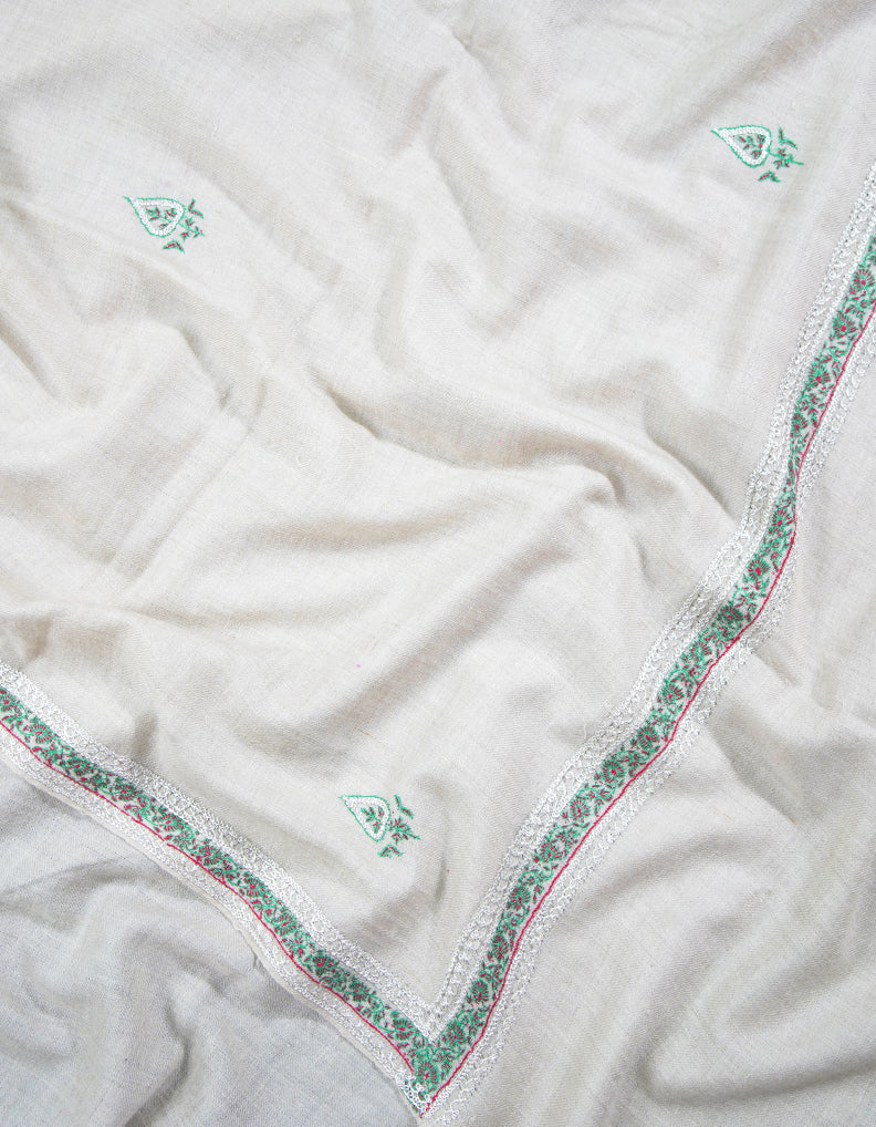 chalk white tilla butis embroidery pashmina shawl 9178