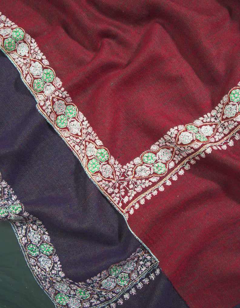 burgundy and dark purplish blue reversible embroidery pashmina shawl 9244