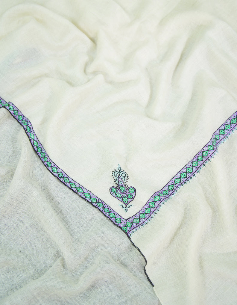 Snow white GI embroidery pashmina shawl 9356
