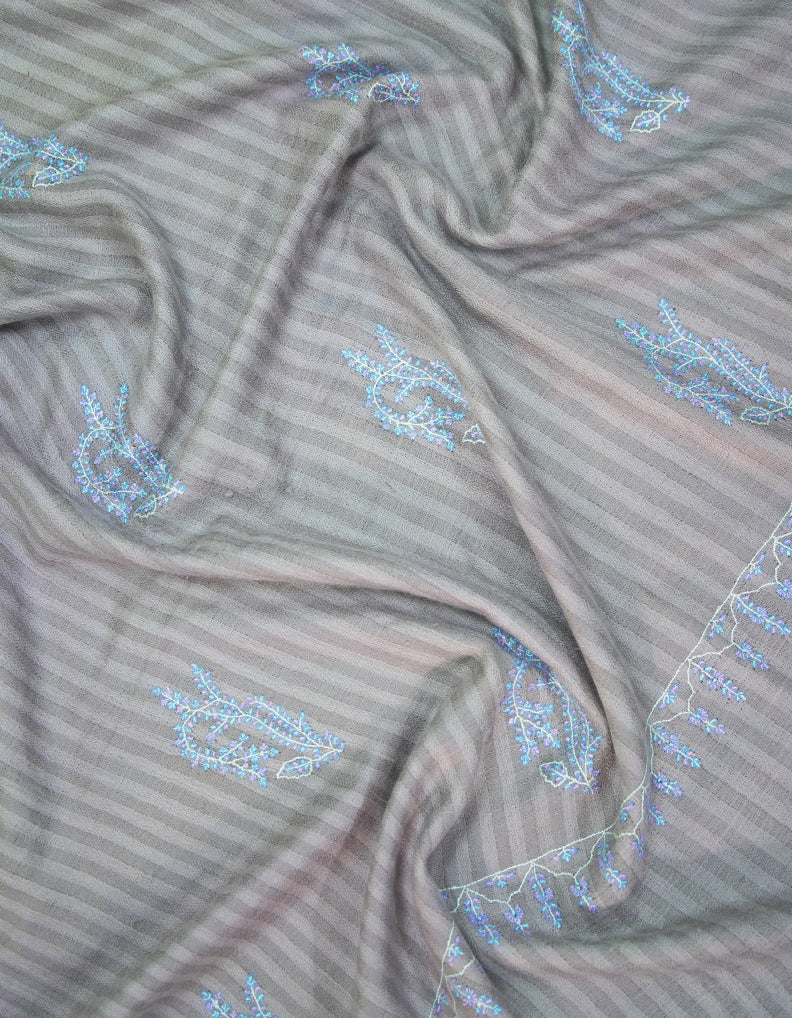 grey and bluish striped GI embroidery pashmina shawl 9365