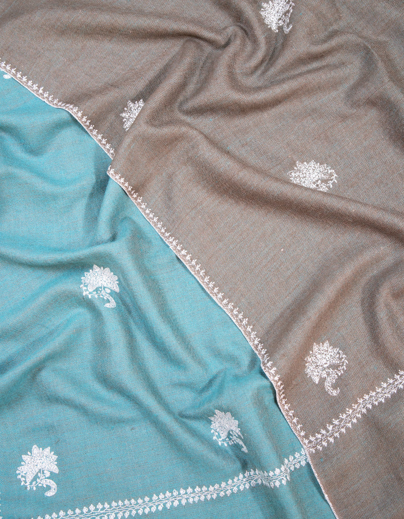 powder blue and ash grey reversible butis embroidery pashmina shawl 9391