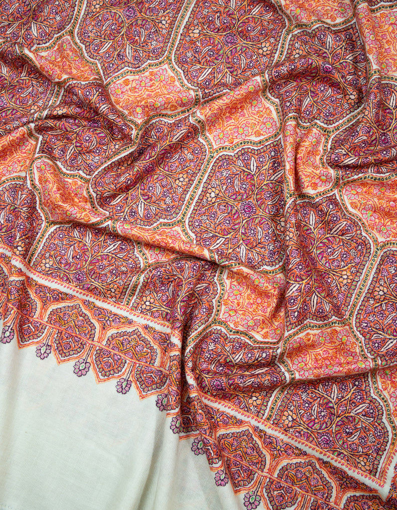 pure white GI jamma embroidery pashmina shawl 9395