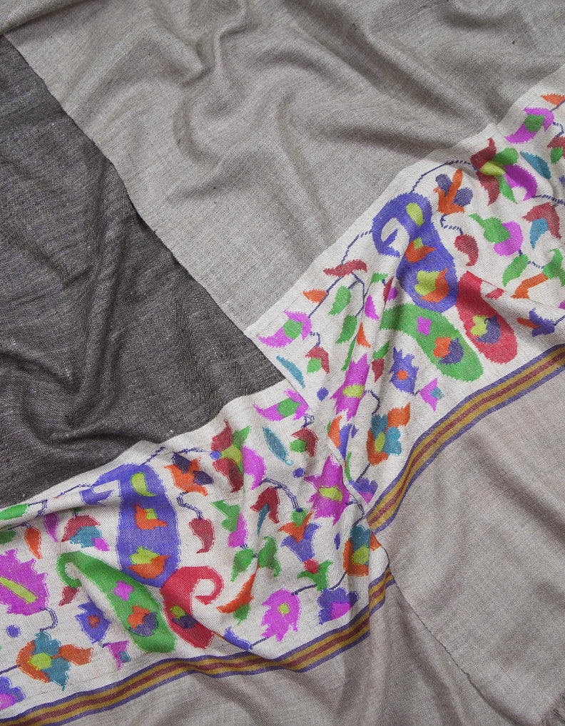 natural and charcoal blackish grey XL reversible kani palla shawl 9403