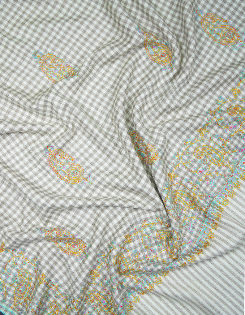 off white checked butis GI embroidery pashmina shawl 9410