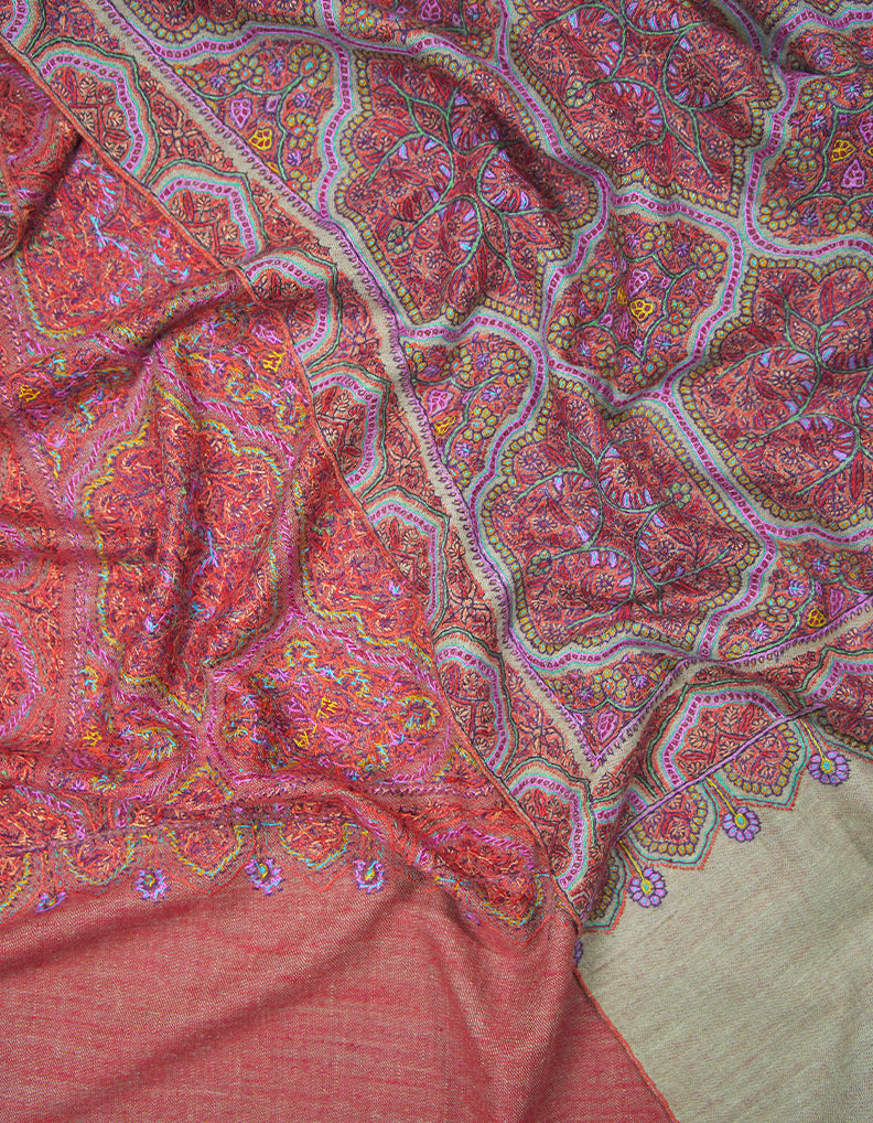 Natural and indian red reversible GI embroidery pashmina shawl 9419
