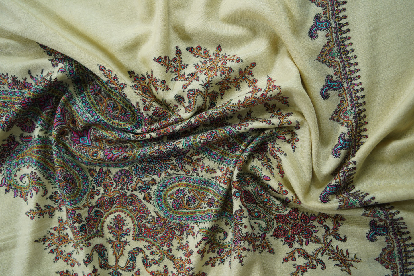 light yellow GI hand spun embroidery pashmina shawl 9570