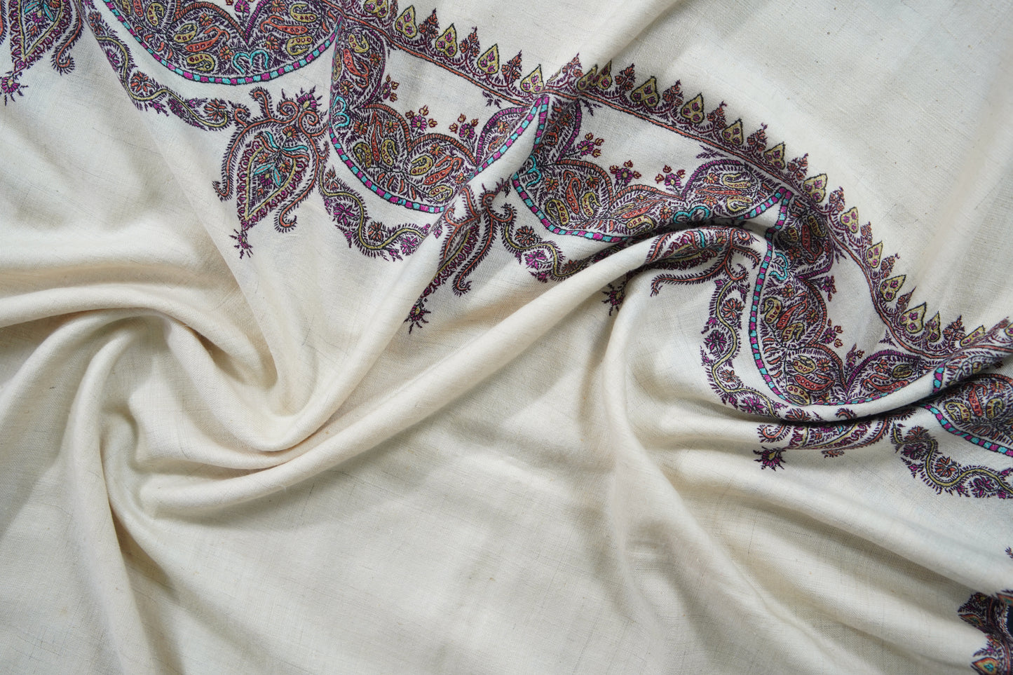 white GI hand spun embroidery pashmina shawl 9572