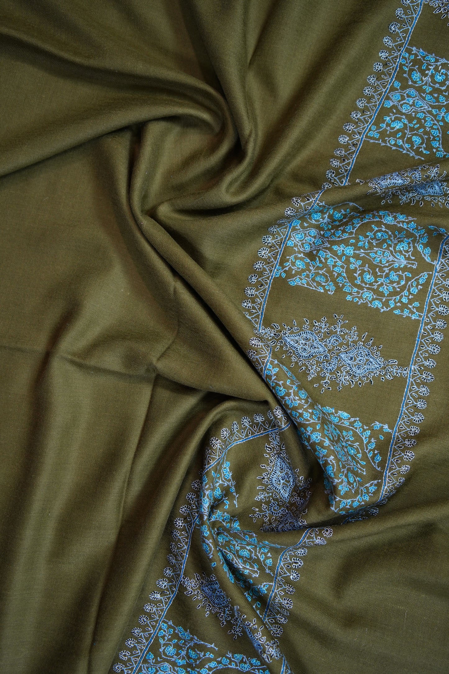 olive green GI embroidery pashmina shawl 9633