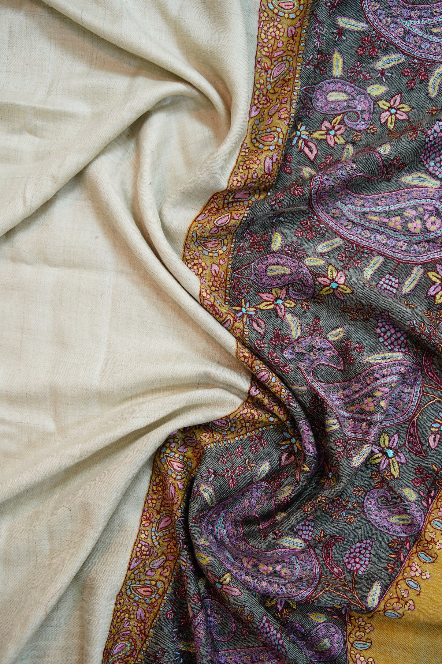 off white multicoloured GI embroidery pashmina shawl 9692