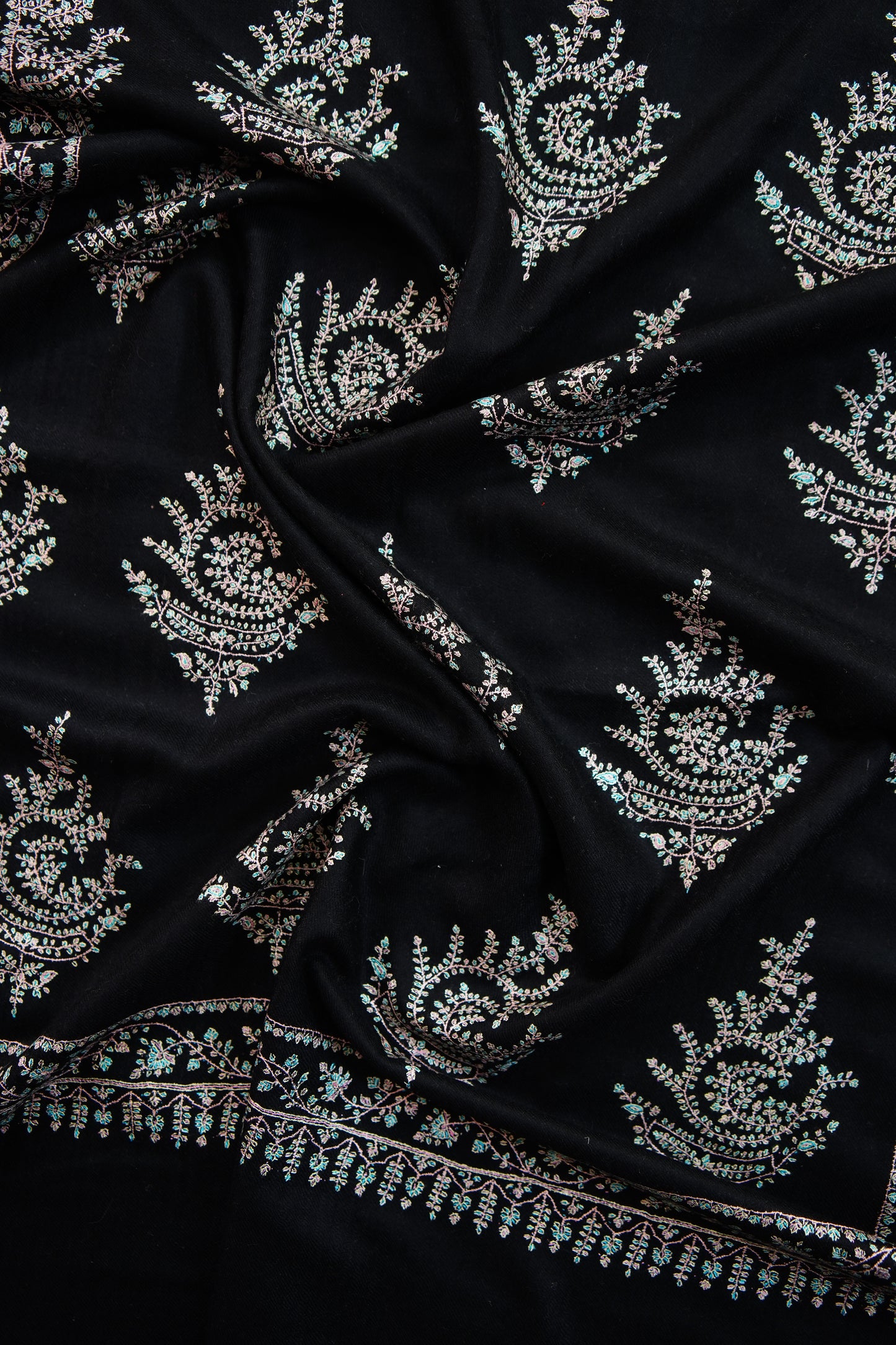 jet black handspun GI butis embroidery pashmina stole 9763