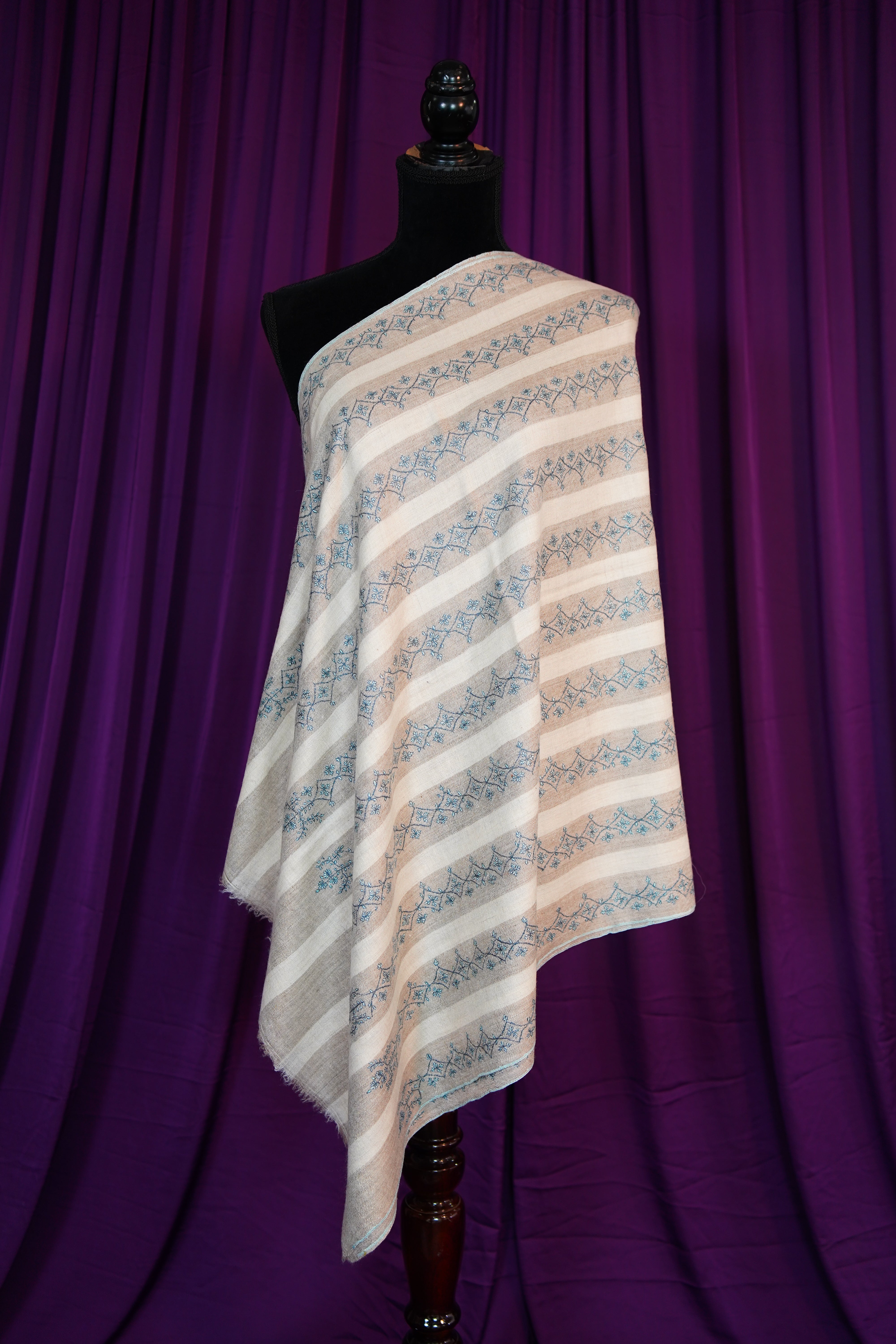 white and natural striped GI handspun embroidery pashmina stole