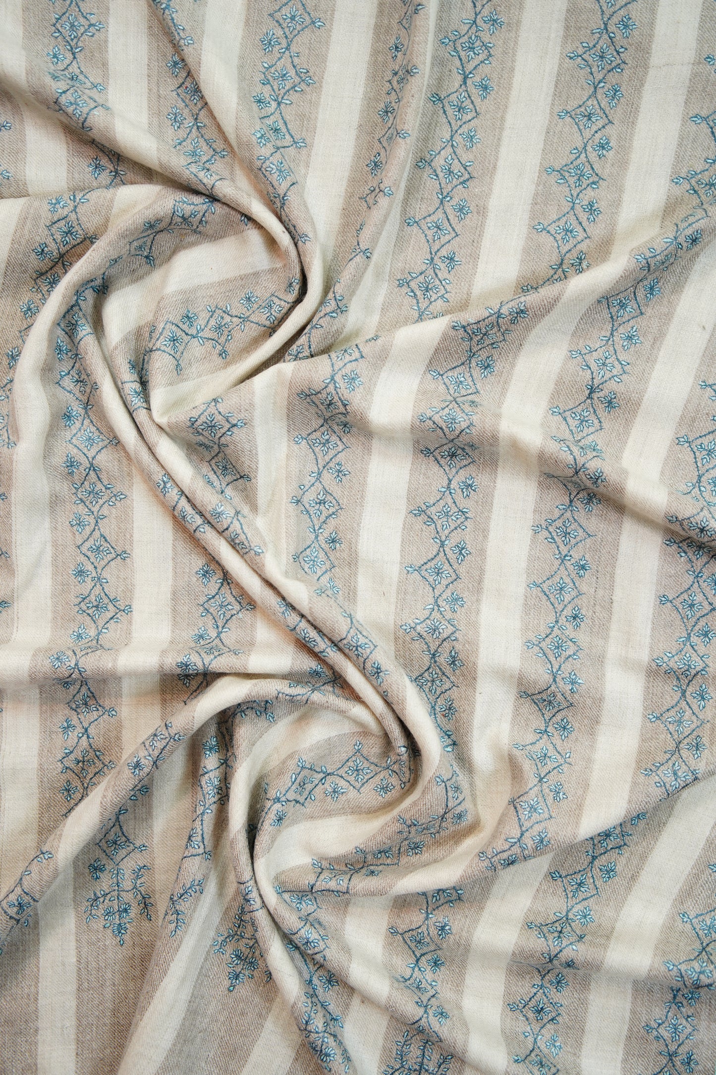 white and natural striped GI handspun embroidery pashmina stole 9817