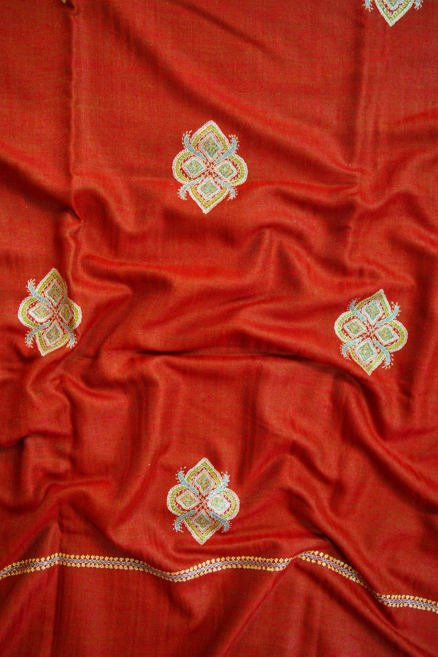 crimson red and mustard reversible GI embroidery pashmina shawl 9855