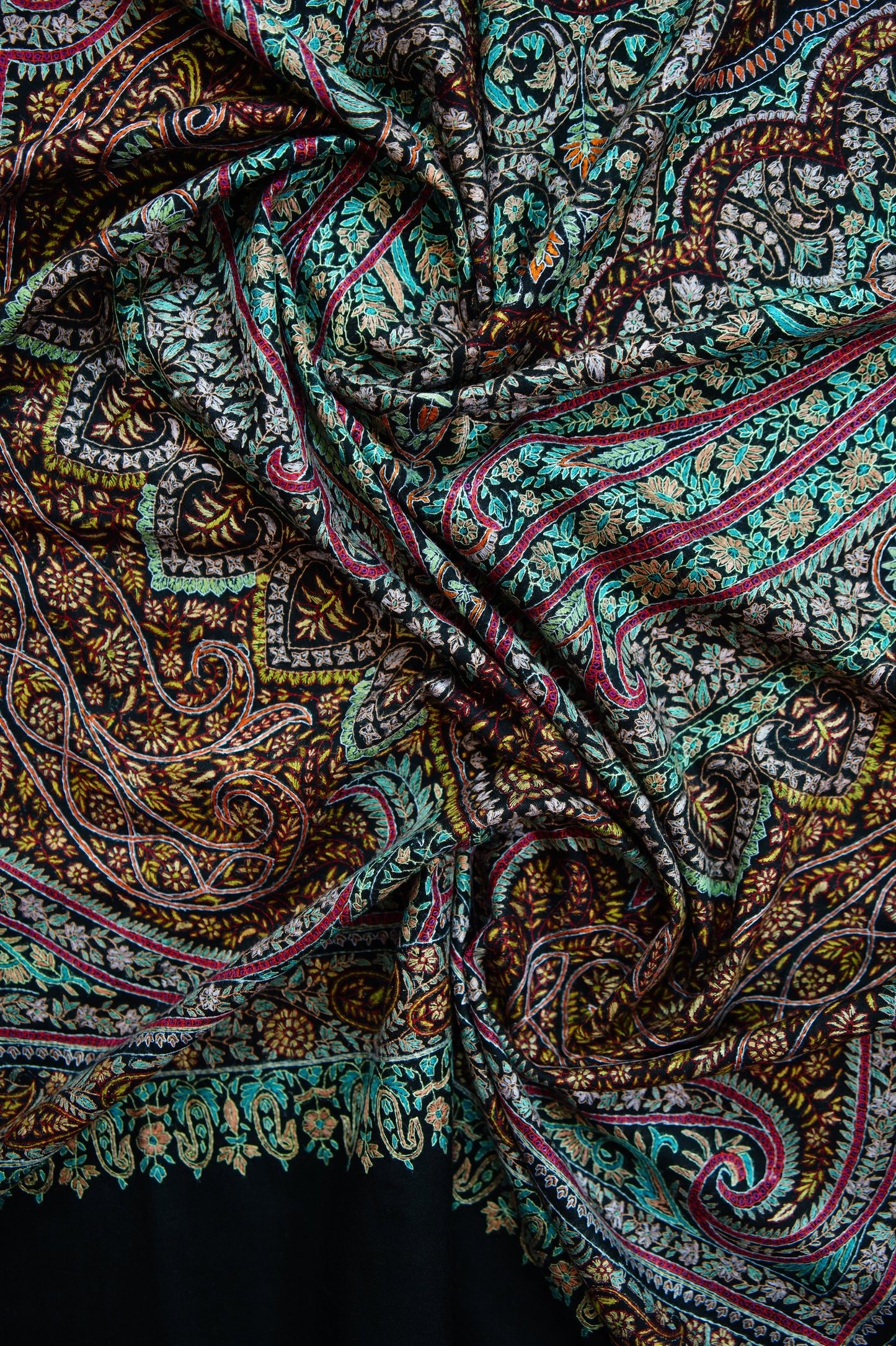 jet black multi-coloured GI jamma embroidery pashmina shawl 9892