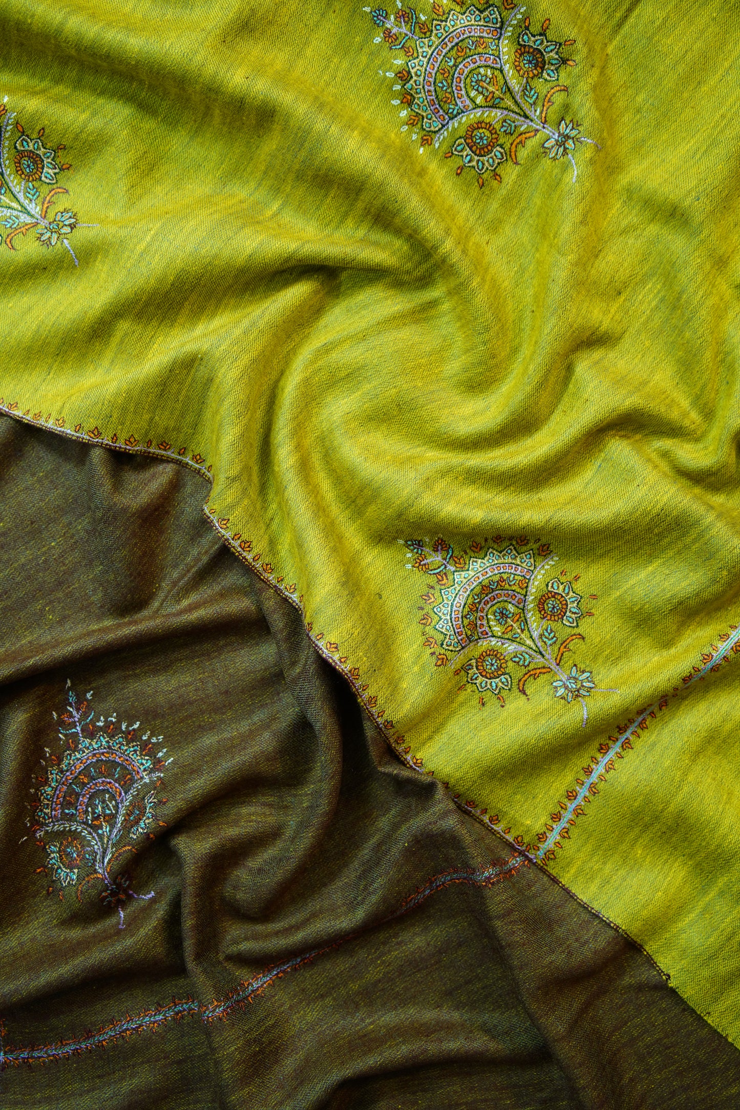 corn yellow and brown GI reversible embroidery pashmina shawl 9905