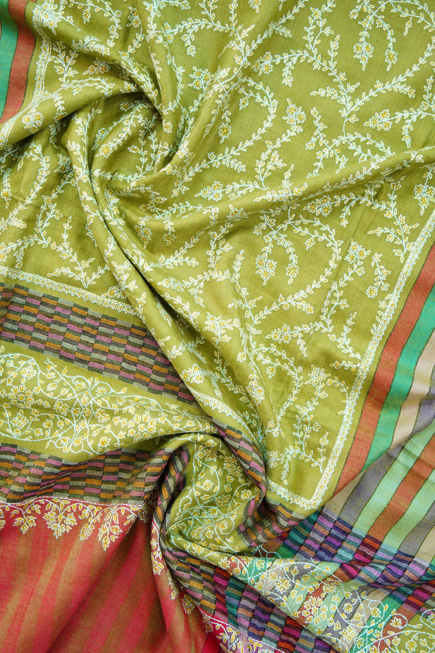 multi-coloured striped GI embroidery pashmina shawl 9933