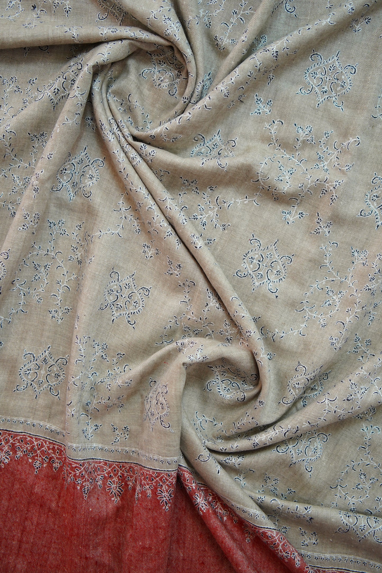 light natural and fire brick red GI jaali embroidery pashmina shawl 9986