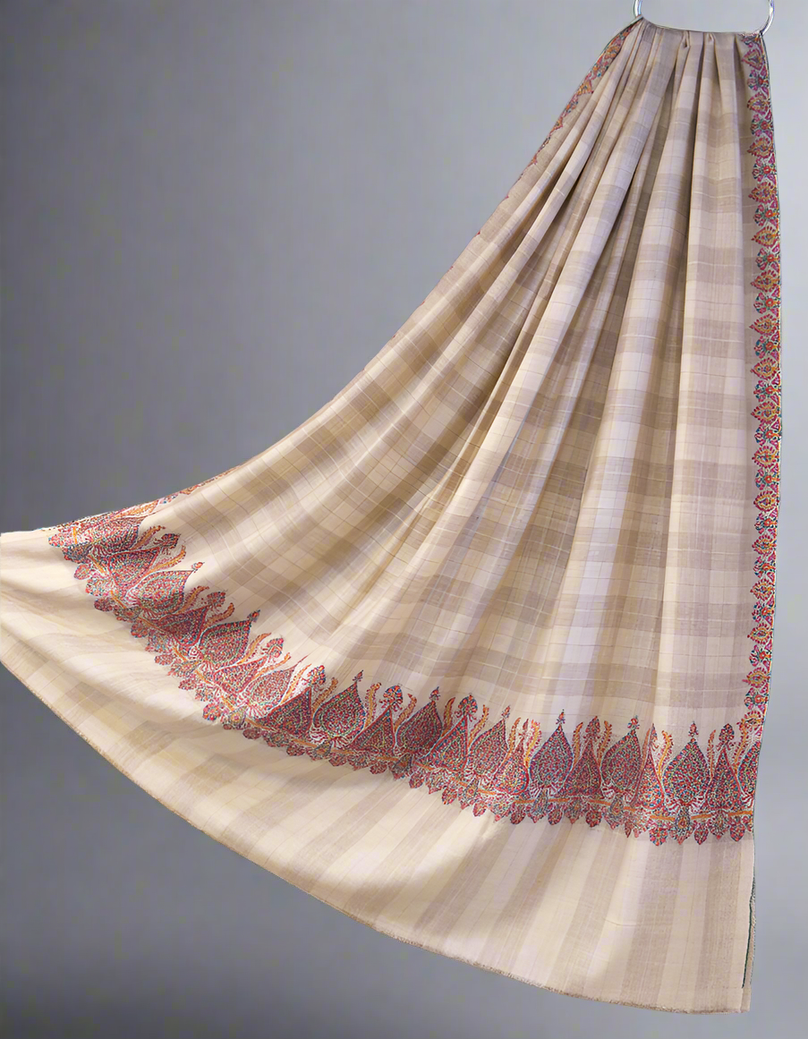 creamy-white and natural check XL embroidery pashmina shawl 8864