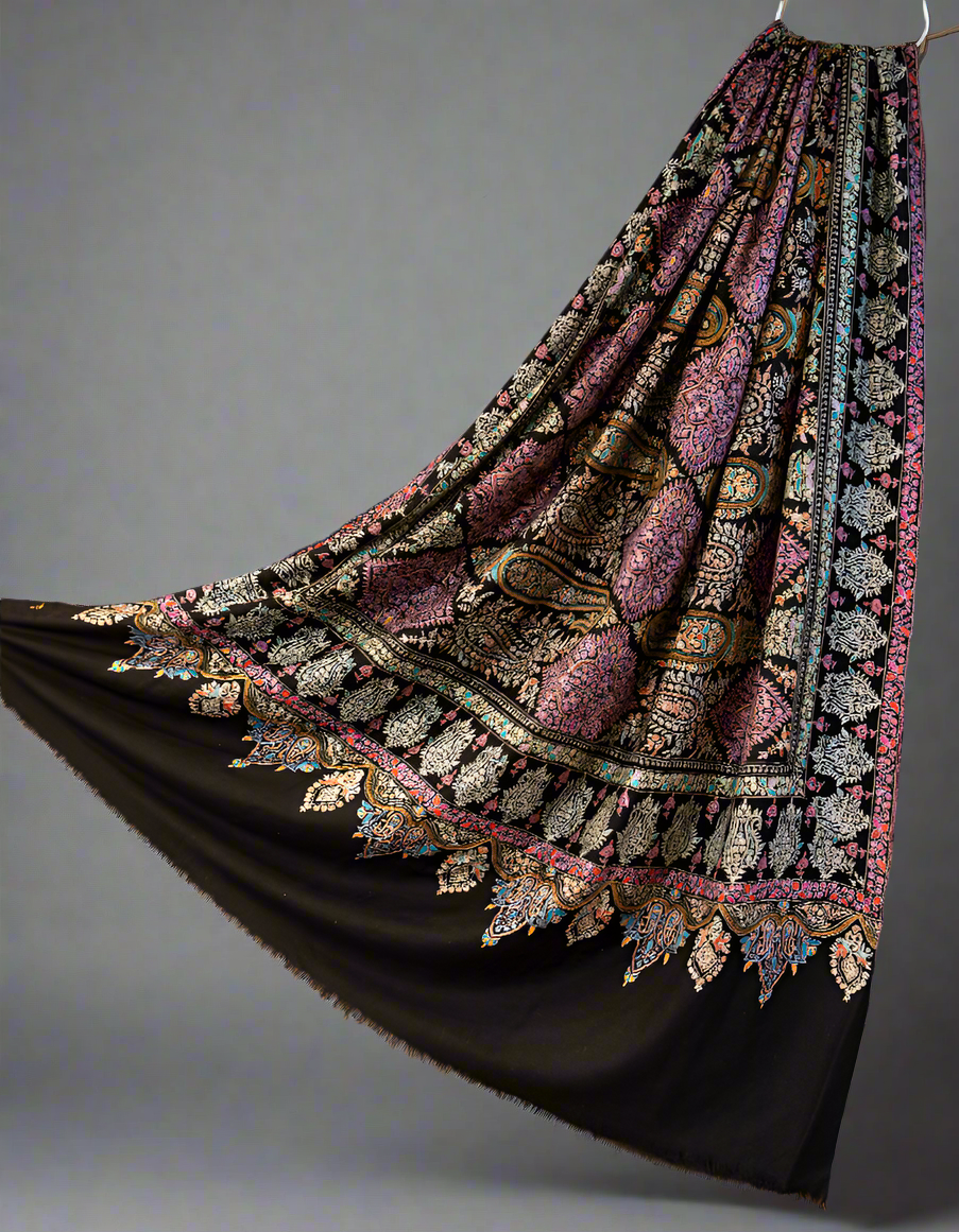 jet black mens XL GI embroidery pashmina shawl 9406