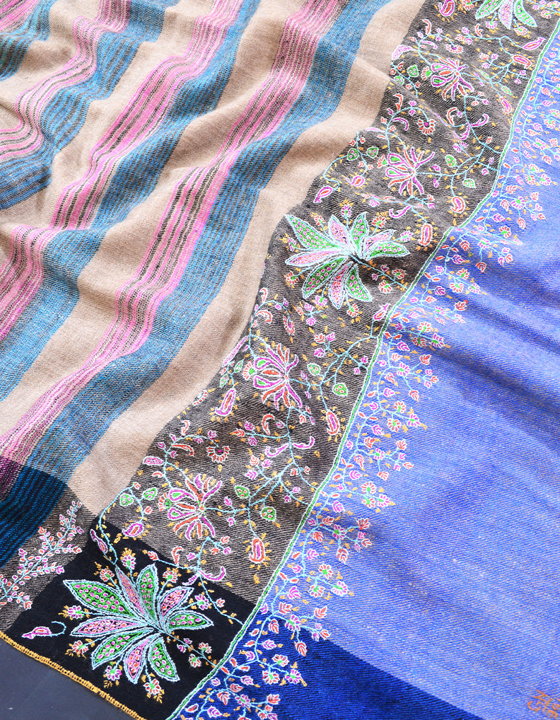 Blue Black and Light Blue Embroidery Pashmina Shawl 7365