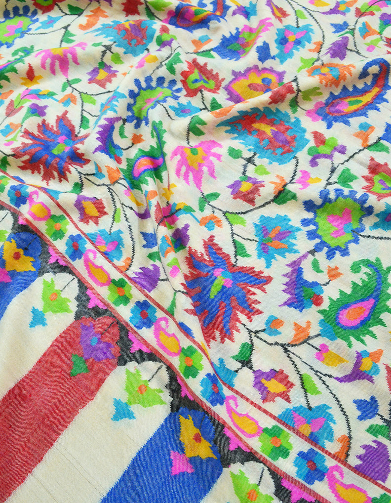 White Red and Blue Kani Pashmina Shawl 7383