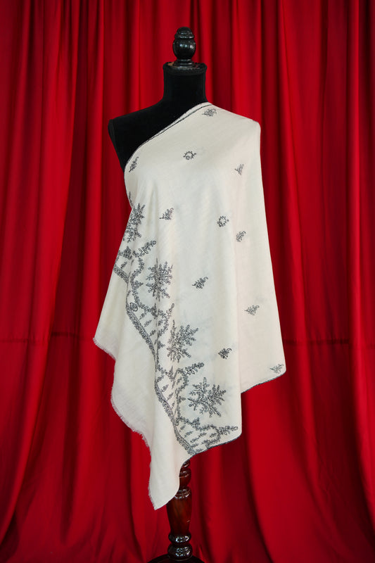 pure white GI butis embroidery pashmina stole 0044