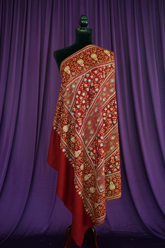 maroon handspun GI embroidery pashmina shawl 0063