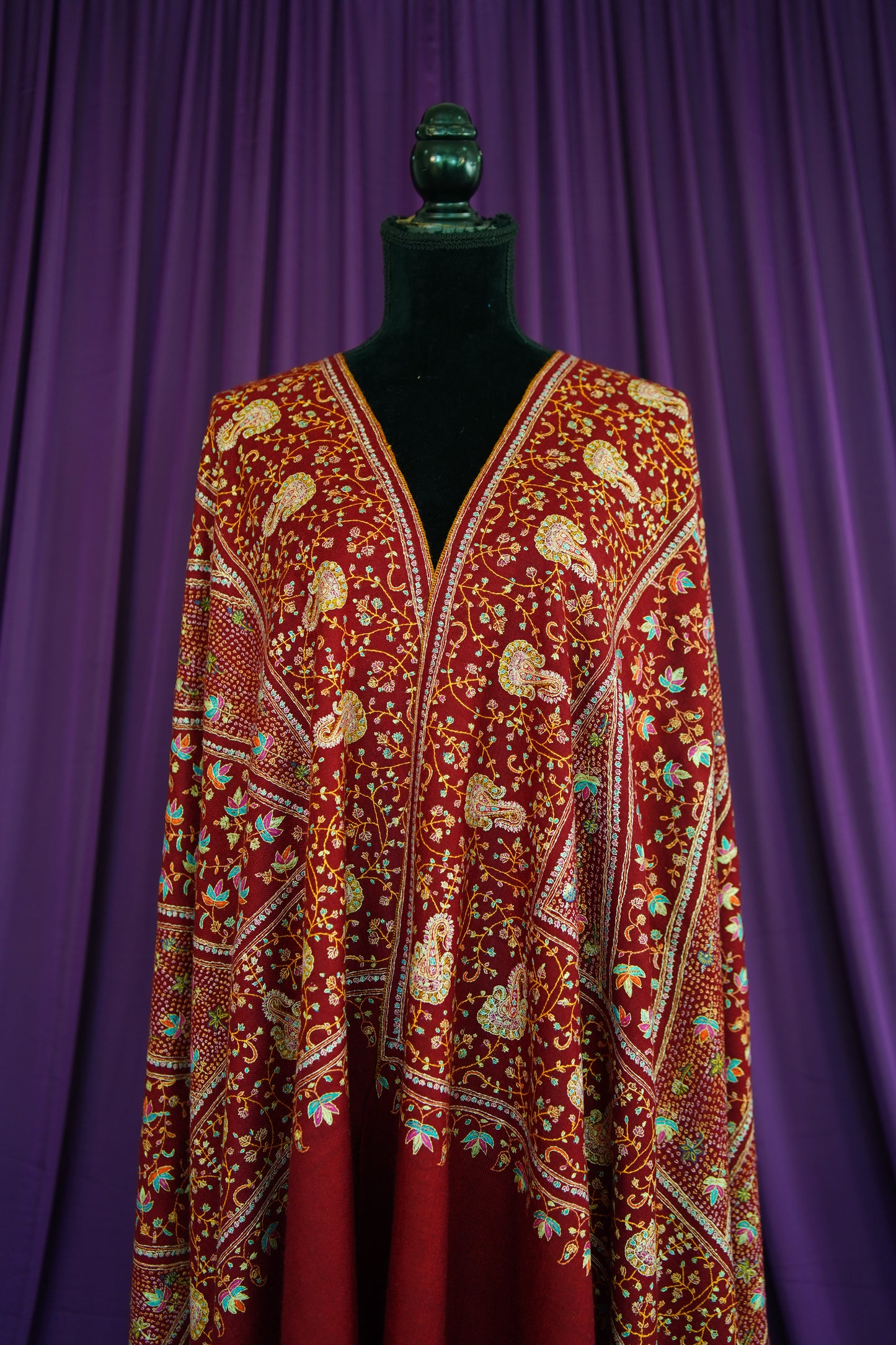 maroon handspun GI embroidery pashmina shawl 0063