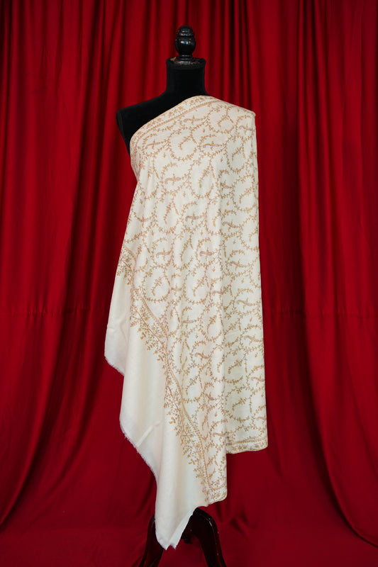 creamy white GI jaali embroidery pashmina shawl 0066