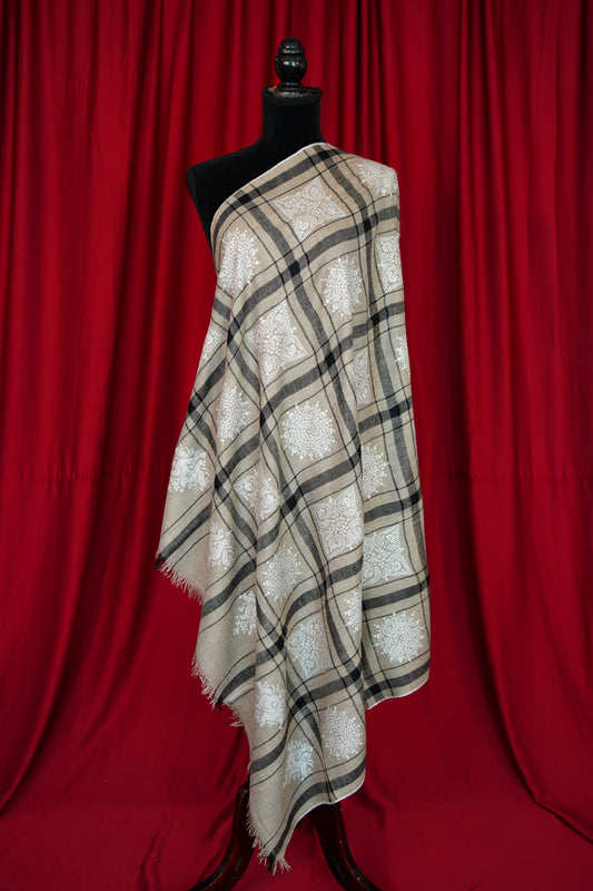 natural and black checked GI butis embroidery pashmina shawl 0070