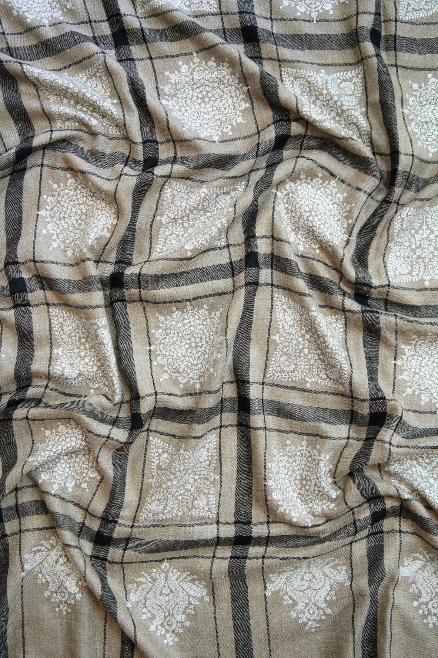 natural and black checked GI butis embroidery pashmina shawl 0070