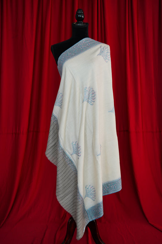 white GI embroidery pashmina shawl 0077