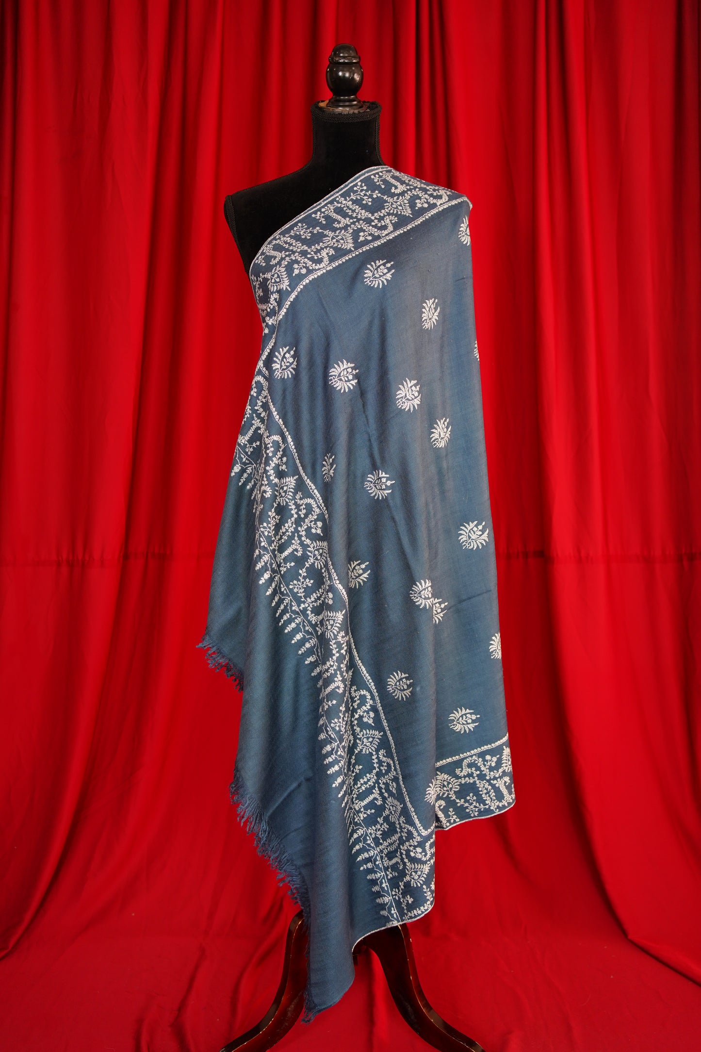 pigeon blue GI embroidery pashmina shawl 0078