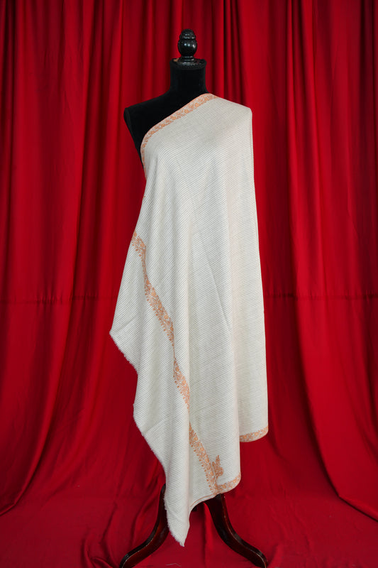 creamy white striped GI embroidery pashmina shawl 0079