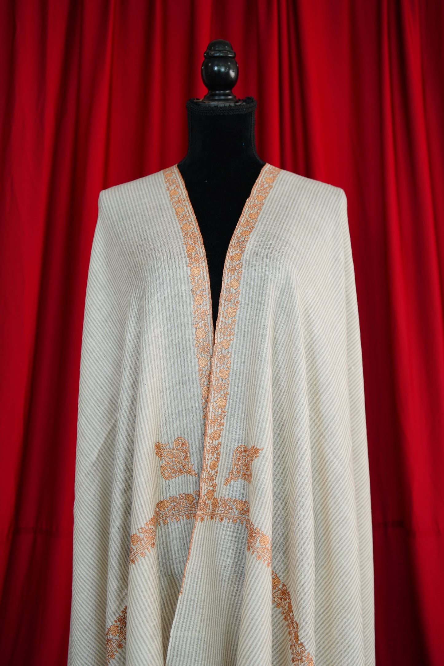 creamy white striped GI embroidery pashmina shawl 0079