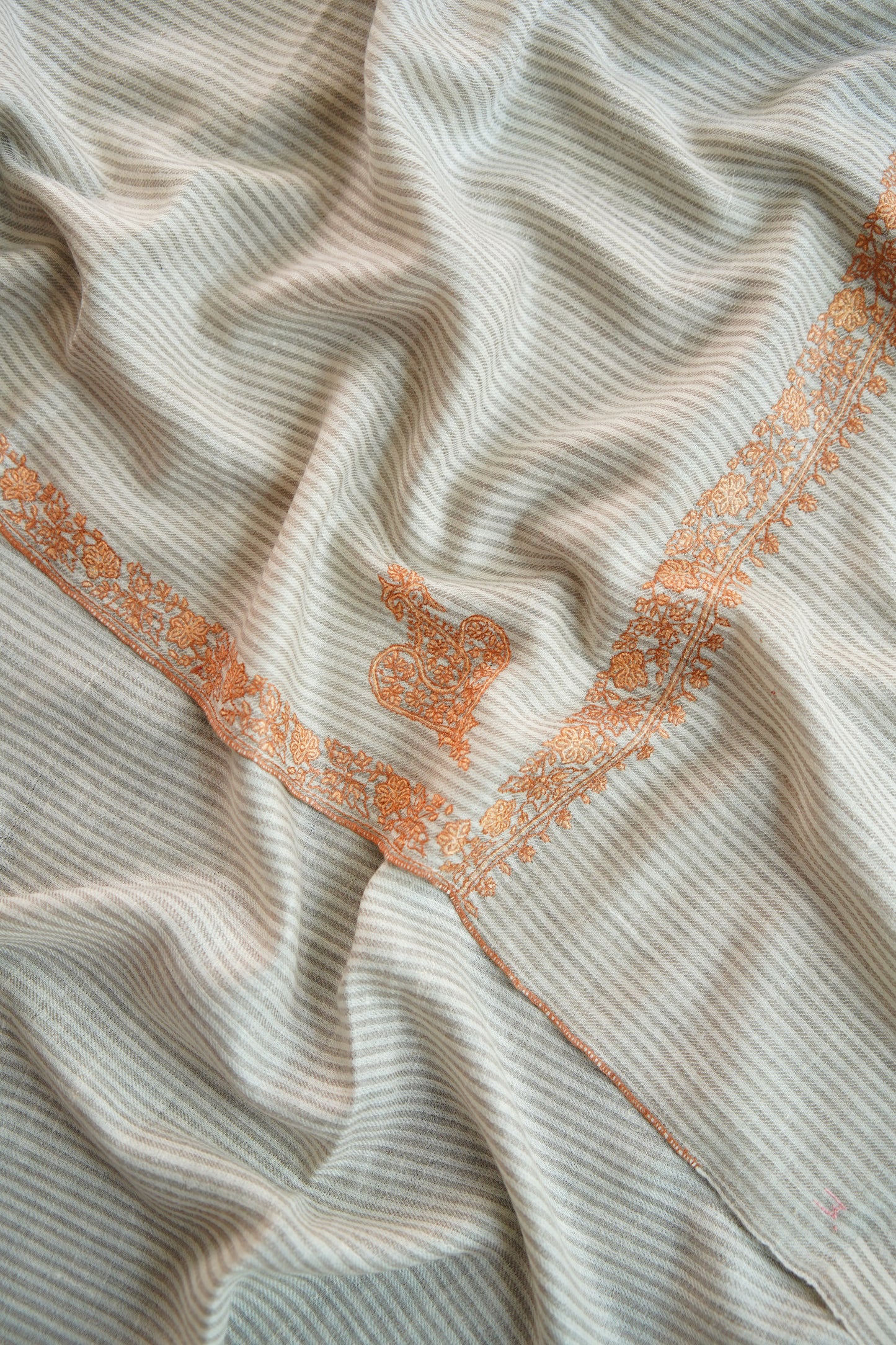 creamy white striped GI embroidery pashmina shawl 0079