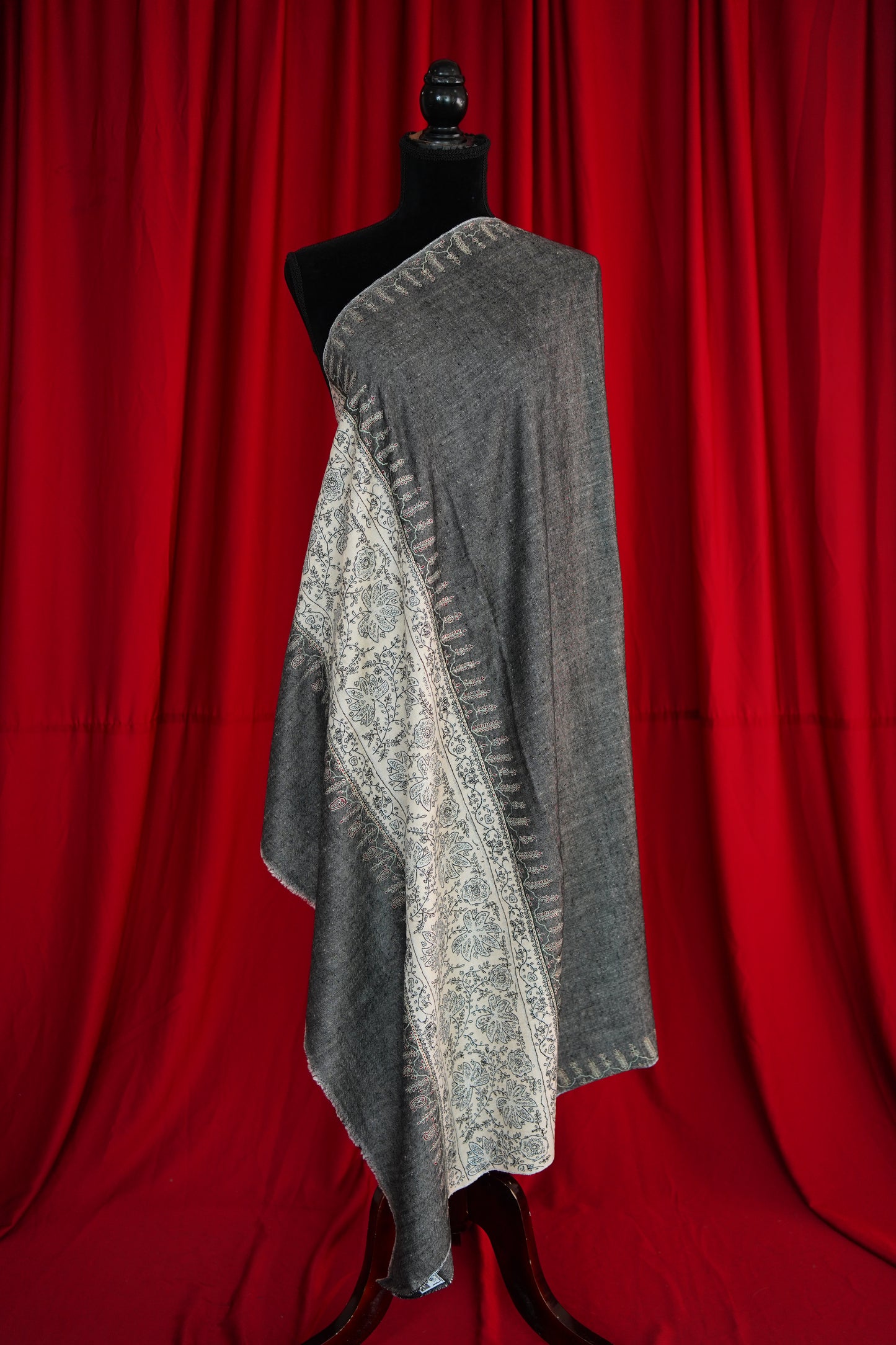 charcoal black and white GI embroidery pashmina shawl 0080